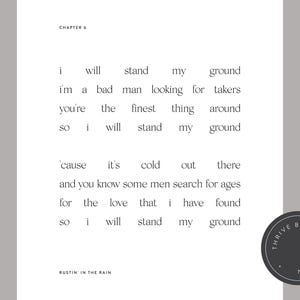 May include: A white page with black text from "Chapter 6" of a book. The text reads like a poem, with phrases like "I will stand my ground." A dark gray circular logo is in the bottom right corner.