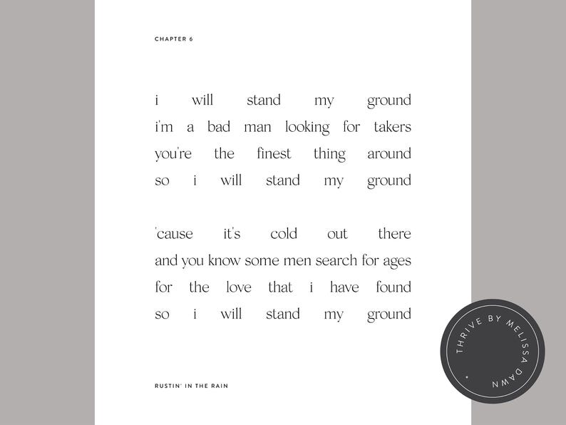 May include: A white page with black text from "Chapter 6" of a book. The text reads like a poem, with phrases like "I will stand my ground." A dark gray circular logo is in the bottom right corner.
