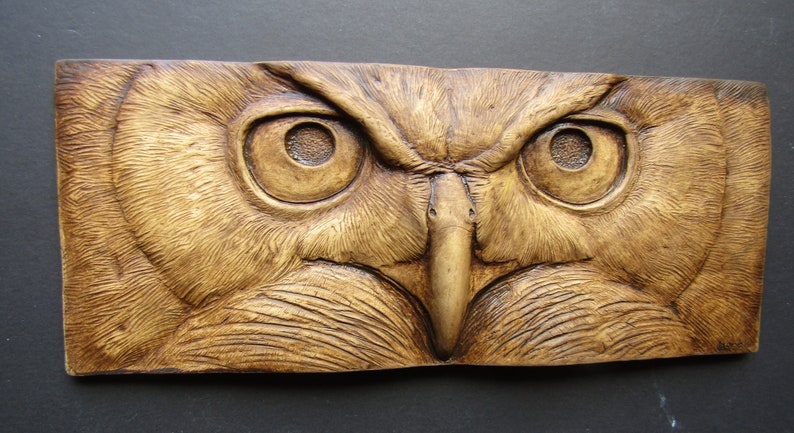 Great-Horned Owl Stare Sculpted Tile Nature Gift Fine Art Wallsculpture image 2