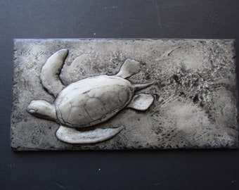 Gliding Green Sea Turtle Concrete #2 Art Tile Wall Sculpture