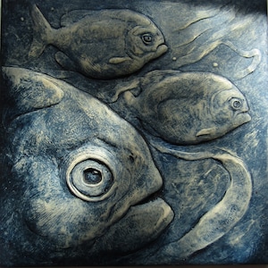 Piranha Fisch Wandskulptur Bas Relief Kunst &quot;Drei Amigos&quot;