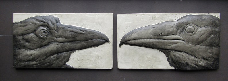 Raven Portrait Pair Concrete Sculpture Art Tiles image 2