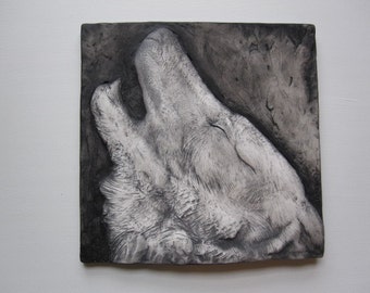 Wolf Howl Sculptured Picture Tile Relief Art