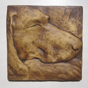 Dog Wallsculpture ' Watchdog' Picture Tile Bas Relief