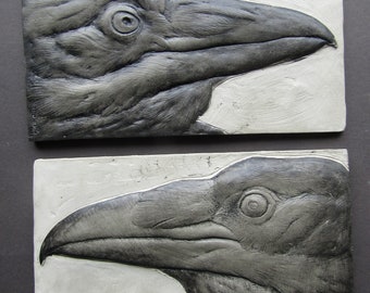 Raven Portrait Pair Concrete Sculpture Art Tiles