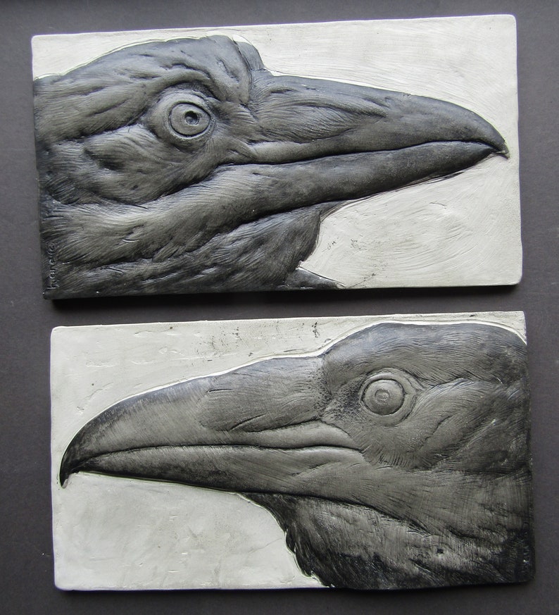 Raven Portrait Pair Concrete Sculpture Art Tiles image 1