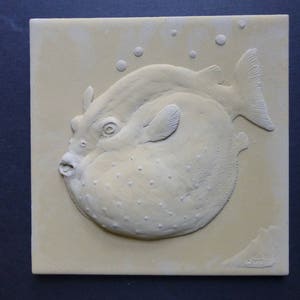 Puffer Fish 6 x 6 Inch Concrete Bas Relief Blue Decorative Art Tile Small Sculpture image 2