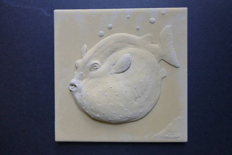 Puffer Fish 6 x 6 Inch Concrete Bas Relief Blue Decorative Art Tile Small Sculpture image 2