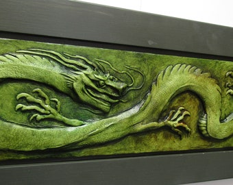 Chinese Dragon Framed Relief Sculpture Tile