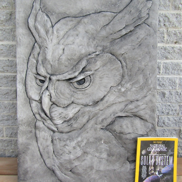 Great Horned Owl Art Large Medieval Style Relief Sculpture