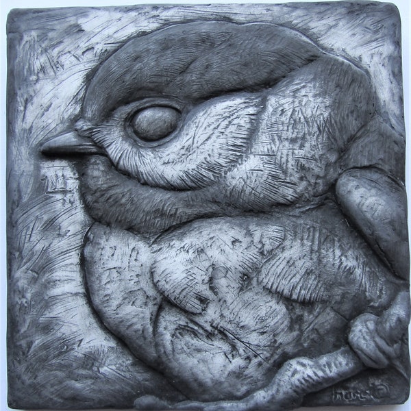 Chickadee Cute Black and White Bird Carving Sculptured Tile Nature Gift