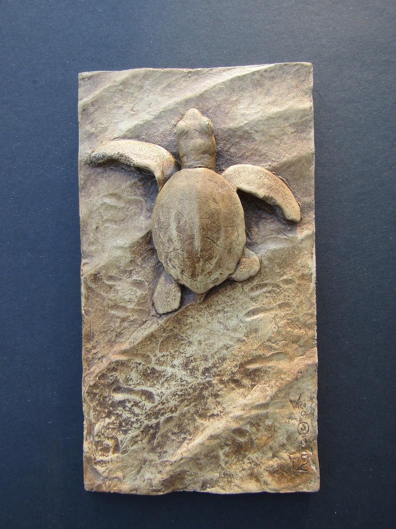 Sea Turtle Hatchling Concrete Art Tile Wall Sculpture image 1