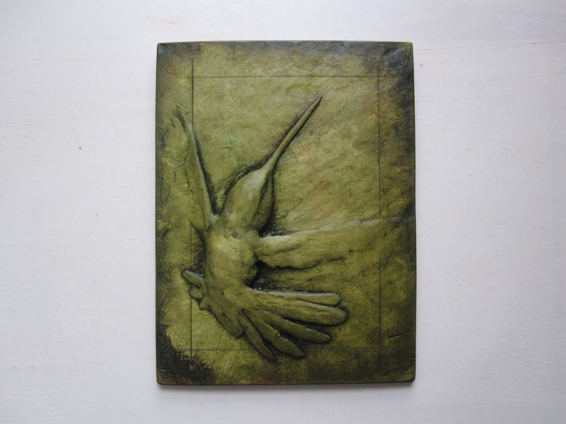 Hummingbird Hovering Wallsculpture Art Tile Nature Gift Relief Sculpture image 2
