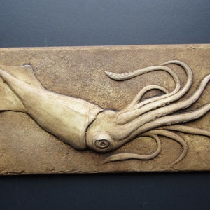 Op de afbeelding: Een gedetailleerde, gebeeldhouwde wandplaquette van een inktvis met een textuurrijke, bruine achtergrond. De inktvis is gebeeldhouwd in een lichtbruine kleur en heeft een groot oog.