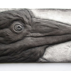 May include: A close-up of a black and white sculpture of a crow's head. The crow's eye is visible and the sculpture is textured to look like feathers.