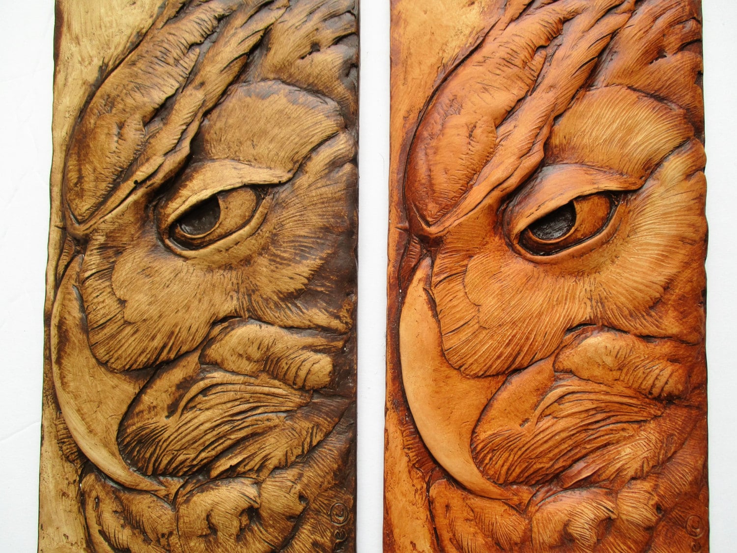 Great Horned Owl Relief Sculpture, Hand-Colored Cast Stone Art