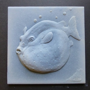 Puffer Fish 6 x 6 Inch Concrete Bas Relief Blue Decorative Art Tile Small Sculpture image 1