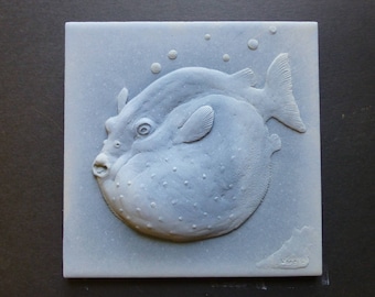 Puffer Fish 6 x 6 Inch Concrete  Bas Relief Blue Decorative Art Tile Small Sculpture