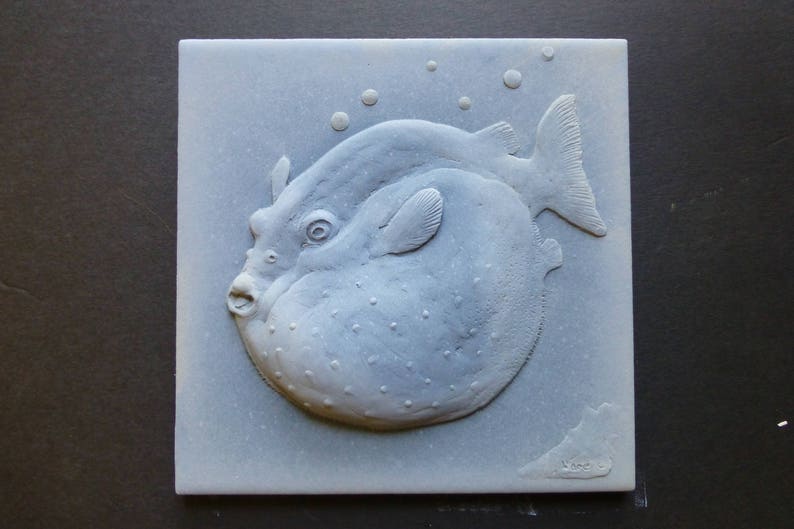 Puffer Fish 6 x 6 Inch Concrete Bas Relief Blue Decorative Art Tile Small Sculpture image 1