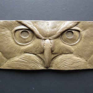 Concrete Owl Stare  Bas Relief Tile Bird Art Garden Statue