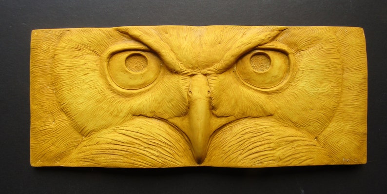 Great-Horned Owl Stare Sculpted Tile Nature Gift Fine Art Wallsculpture image 3