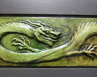 Chinese Dragon Framed Relief Sculpture Tile
