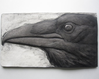 Raven Wallsculpture hand painted detailed black and white nature gift fine artwork