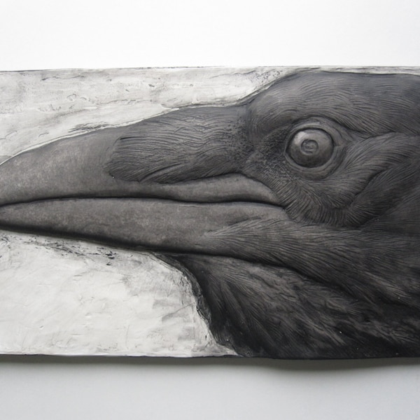 Raven Wallsculpture hand painted detailed black and white nature gift fine artwork