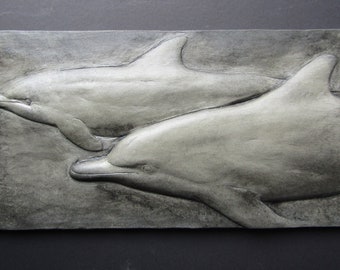 Concrete Bas Relief Dolphin Pair Art Tile