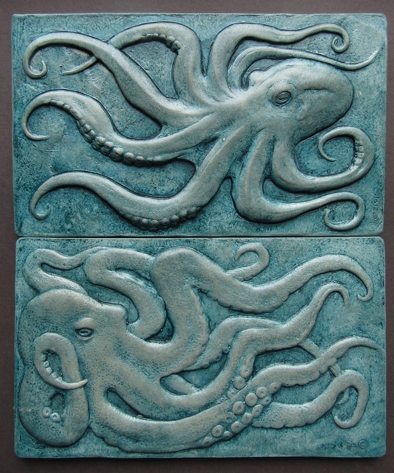 Octopus Pair Waterproof Concrete Wall Sculpture Relief Tiles image 1