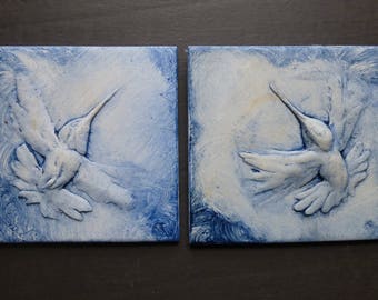 Hummingbirds Bas Relief 6 x 6 inch Pair Hand Painted Wall Sculpture