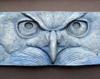 Great-Horned Owl Stare  Sculpted Tile Nature Gift Fine Art Wallsculpture