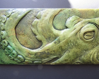 Octopus Portrait Detailed Relief Hand Made Colorful Wall Sculpture