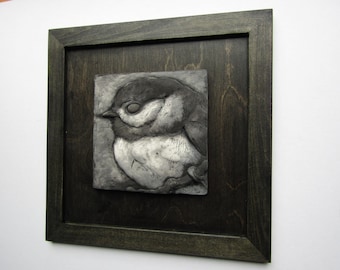 Chickadee Framed Sculpture Art Tile: