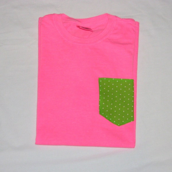 Neon Pink w/ Lime Green Polka Dots Pocket Tshirt (Comfort Colors)