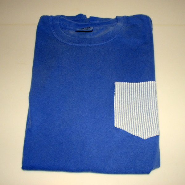 Blue SeerSucker Pocket Tshirt (Comfort Colors)