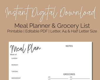 Digital Meal Planner. Printable Grocery List. Editable Meal Planner. Simple and Modern Grocery List Meal Prep Planner Menu Planner Printable