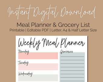 Digital Meal Planner. Printable Grocery List. Editable Meal Planner. Pastel Colors. List Meal Prep Planner Menu Planner Printable