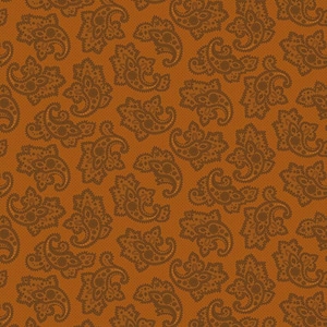 May include: An all-over pattern featuring a repeating paisley design in shades of brown against a textured orange background. The paisley shapes vary in size and are intricately detailed, creating a rich, warm aesthetic. The background has a subtle dotted texture.