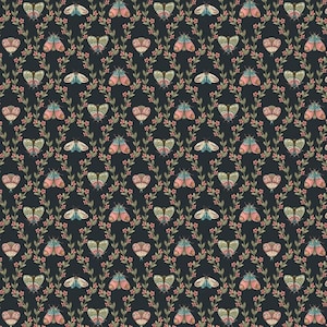 May include: A repeating pattern of moths and floral vines on a dark background. The moths have pink, blue, and green wings. The vines are green with small pink flowers, creating a symmetrical design.