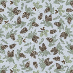 May include: A repeating pattern of brown pine cones, green pine needles, and light green oak leaves with small brown acorns on a light blue background. The design has a slightly textured appearance.