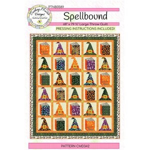 May include: A quilt pattern titled Spellbound by Cathey Marie Designs, featuring a 68 by 79.5 inch large throw quilt design. The quilt displays a grid of alternating blocks with witch hat motifs and solid squares in orange, purple, and green.
