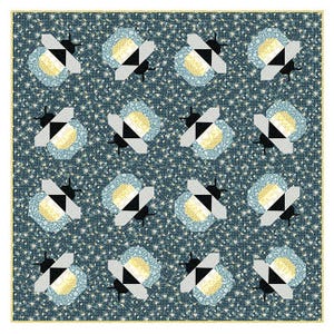 May include: A square quilt featuring a repeating pattern of stylized bees. Each bee is composed of black, white, and gray geometric shapes, with a yellow and blue body. The background is a dark teal with a small white floral pattern.