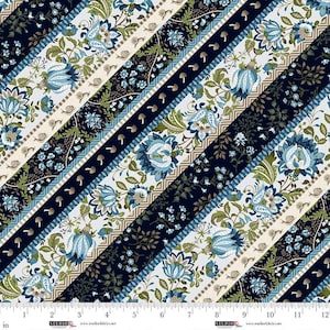 May include: A fabric pattern featuring diagonal stripes with floral and geometric designs. The color palette includes navy, light blue, cream, and olive green. The pattern incorporates stylized flowers, leaves, and decorative elements.