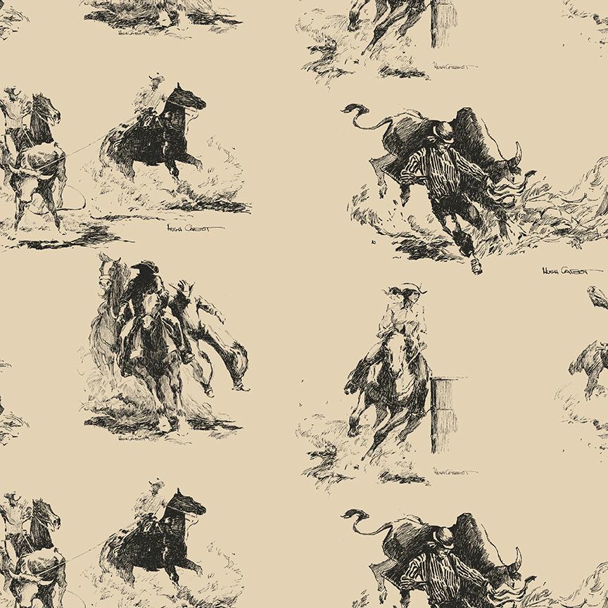 RESERVED *1/2 yard continuous cuts* C10130-PARCHMENT Cream Tan Main Cowboy Bucking Horse Rodeo Western Riley Blake Hugh Cabot