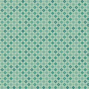 May include: A seamless pattern featuring a repeating floral design in shades of teal and green on a light green background. The pattern includes small, four-petal flowers and cross-shaped elements, creating a geometric and botanical aesthetic.
