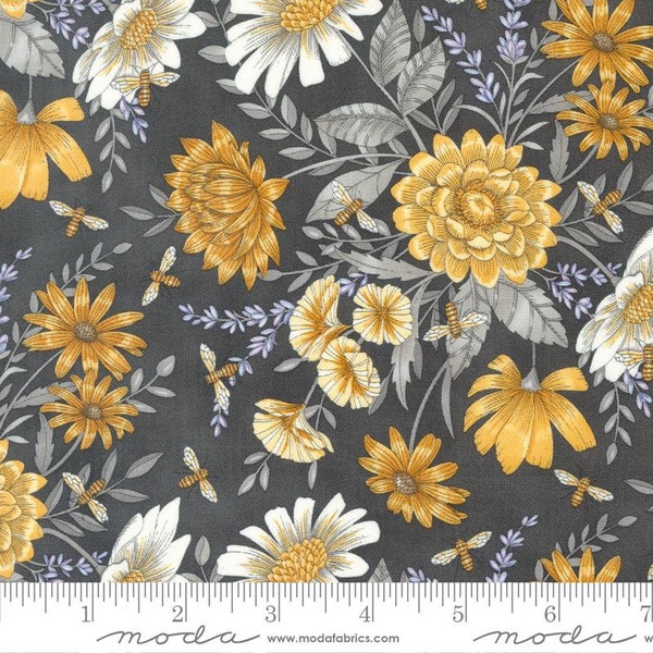 Honey Lavender *1/2 YARD CONTINUOUS CUTs* Charcoal 56083 17 100% Cotton by Deb Strain Moda Tile Floral Bees Honeycomb Beeskep Damask