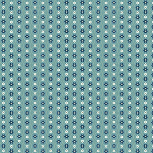 May include: A repeating pattern of six-pointed stars in white and navy blue, alternating with a dotted wavy line, on a teal background. The stars are evenly spaced, creating a symmetrical design. This pattern is suitable for fabric or wallpaper.