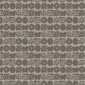 May include: A fabric featuring a repeating pattern of dark brown butterflies, various flowers, and leafy stems arranged in horizontal rows against a solid light taupe background. The design consists of stylized botanical elements and insects.