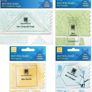 May include: Four different quilting rulers for making mini quilts. Each ruler is packaged with a free pattern. The rulers are for making a companion angle, Dresden, square, and hexagon.